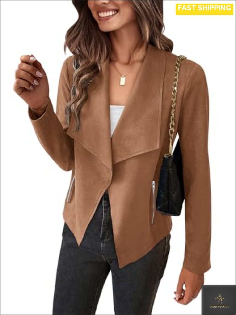 Women Faux Suede Cropped Jacket Long Sleeve Waterfall Collar Casual Outwear